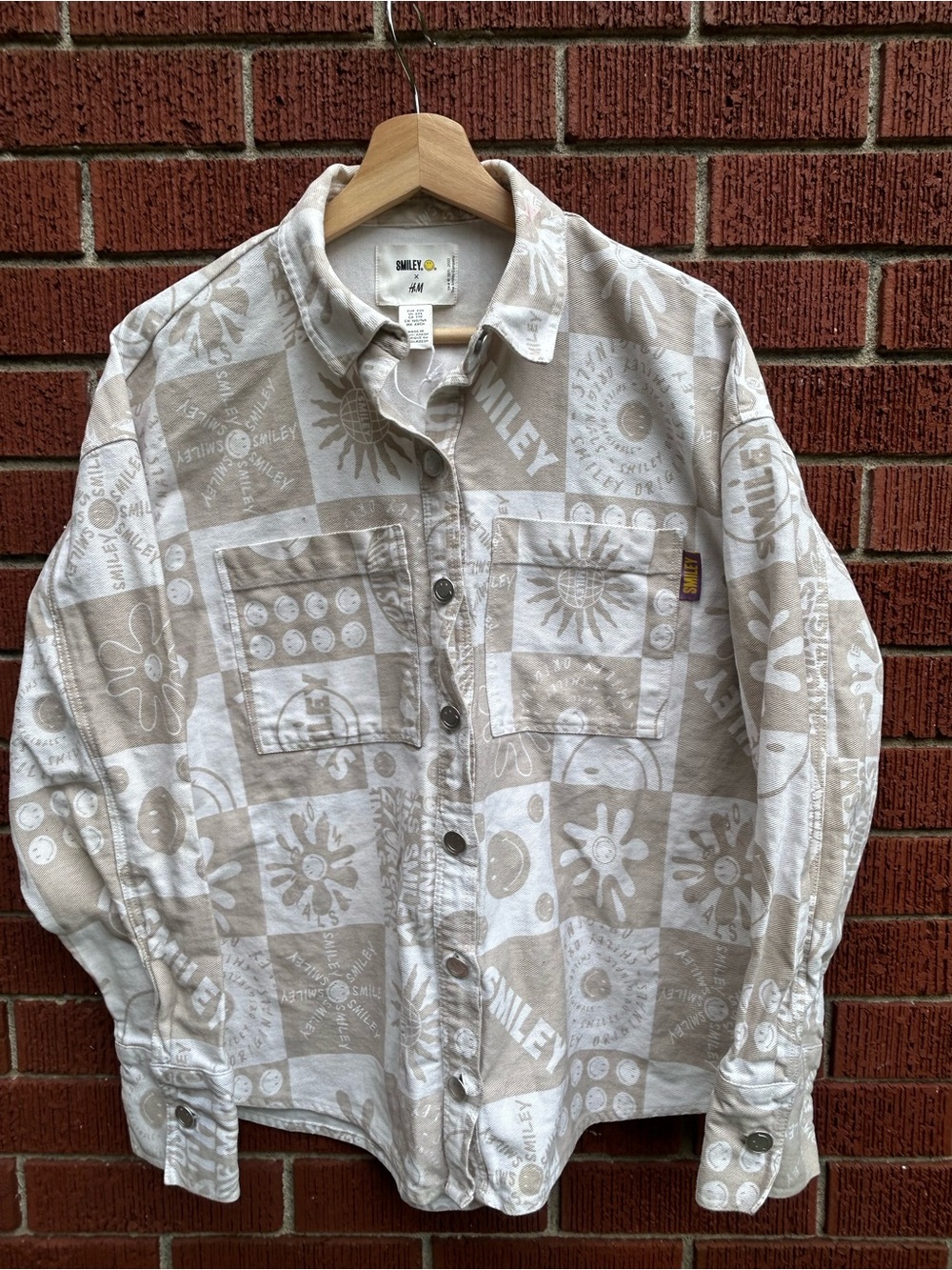 H&M × Smiley Oversized Graphic Denim Shacket Beige XXS